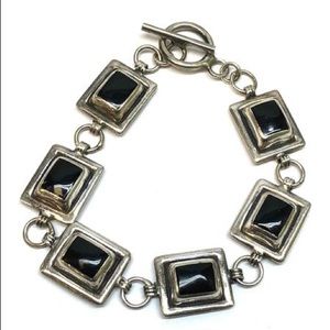 925 Sterling Silver Square Black Onyx 7" Vintage Bracelet